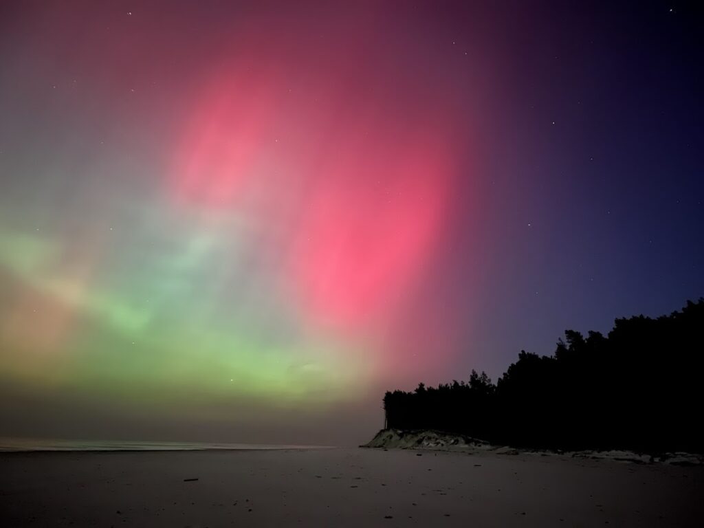Szeroki poziomy kadr intensywnej różowej i zielonej zorzy polarnej rozświetlającej nocne niebo nad pustą piaszczystą plażą i nadmorskim lasem w Dębkach poza sezonem.