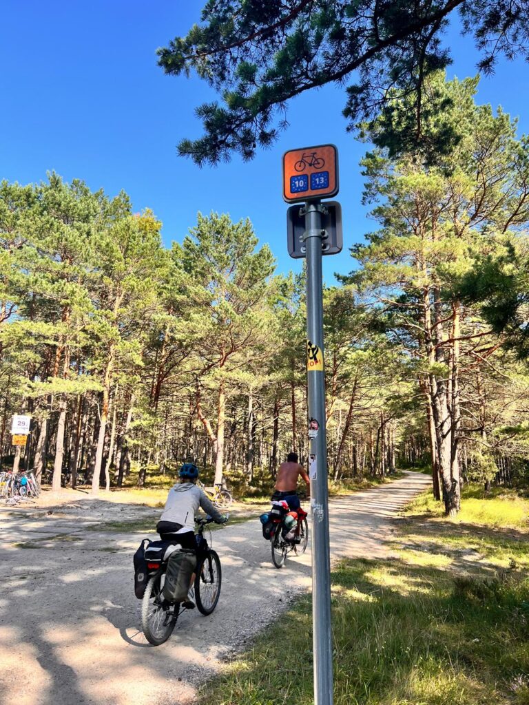 Rowerzyści z sakwami turystycznymi na leśnym odcinku szlaku EuroVelo 10 przy znaku drogowym w okolicach Dębek